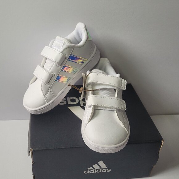 adidas Grand Court Kids White Velcro Sneakers with Iridescent Stripes Size 6K - Picture 1 of 7